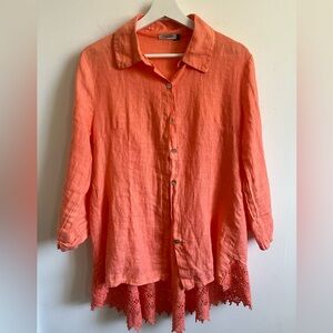 Lungo L'Arno Medium Orange 100% Linen Button Up Tunic Shirt Top M Crochet back